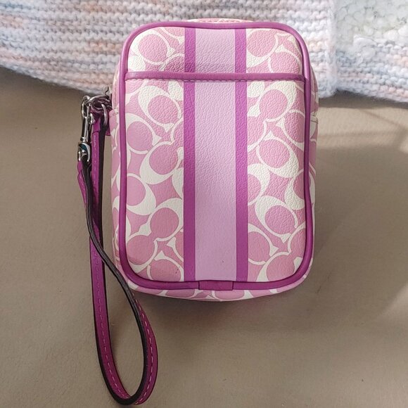 Coach Wristlet Mini Nolita Signature Canvas Iris Pink White Print Zip Closure - Picture 4 of 11